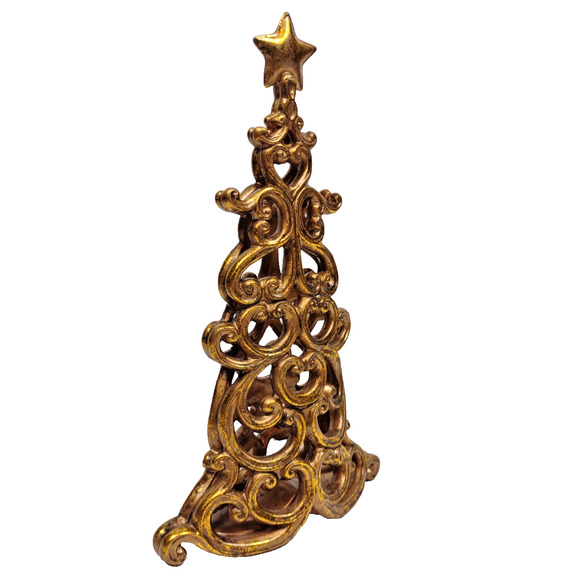 VTG Roman Fleur De Lis Terracotta Pottery Flat Holiday Tree With Star Gold 9" - Picture 2 of 9